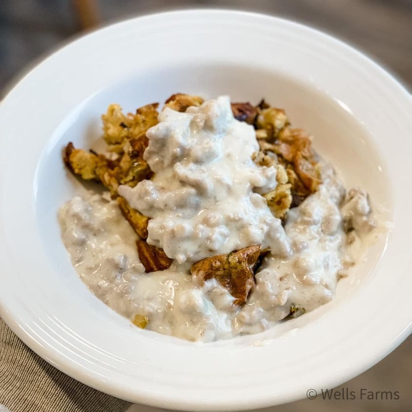 Sausage Gravy over "stuffing waffles" Wells Farms