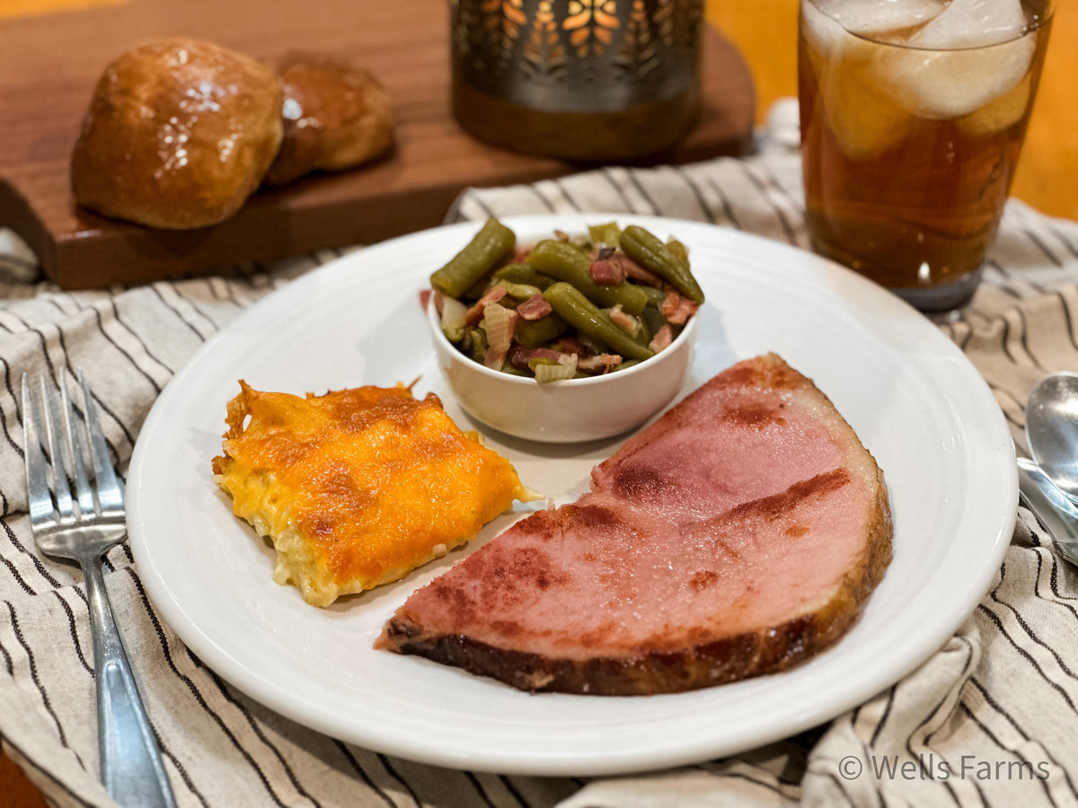 Week 1 Recipe Challenge Ham Steak with Cracker Barrel sides Wells
